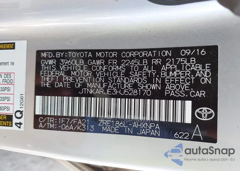 2017 Toyota Corolla Im z USA, uszkodzony, nr VIN JTNKARJE3HJ528170